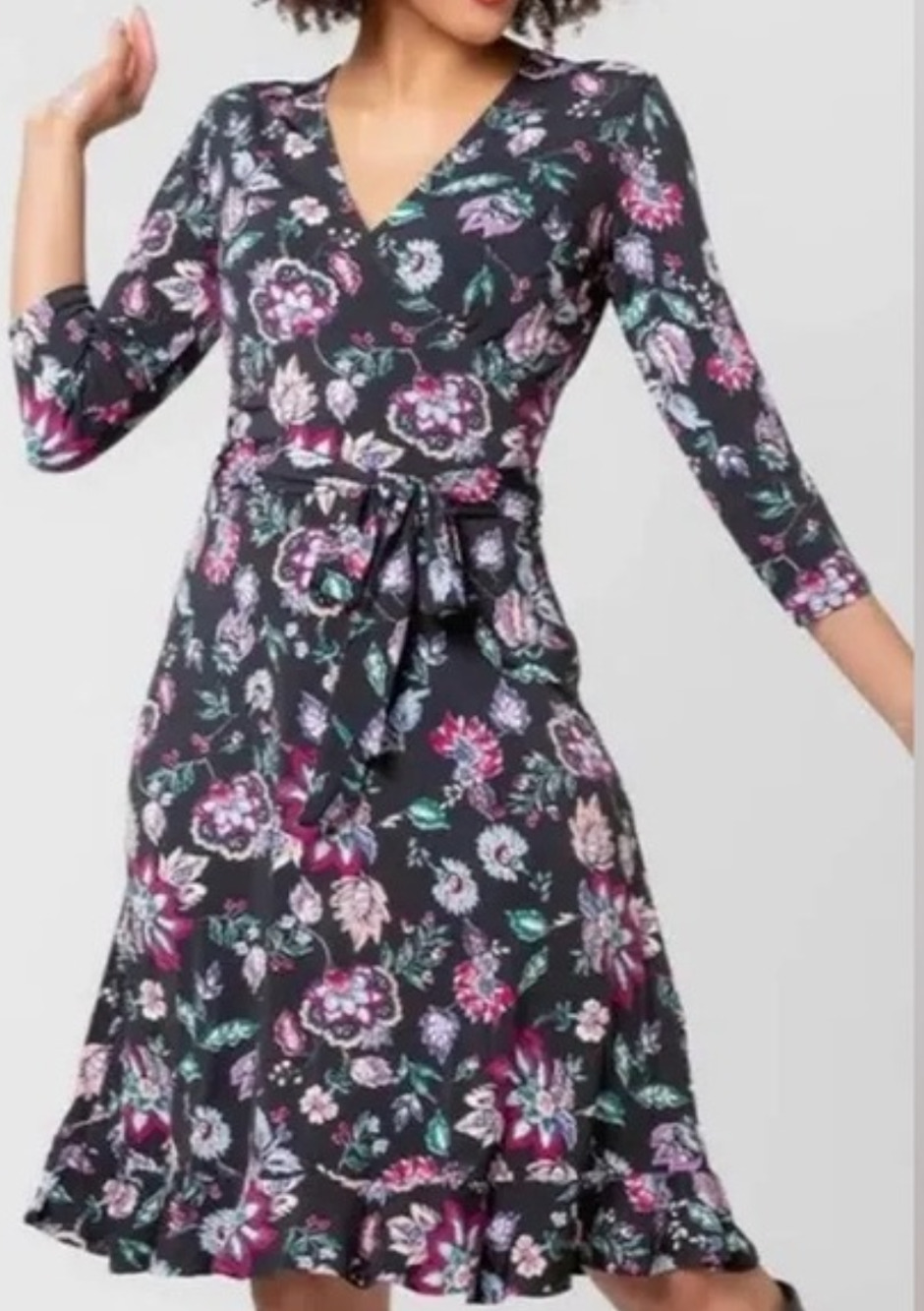 Leota black floral wrap ruffle hem dress Size Small Petite Romantic Feminine